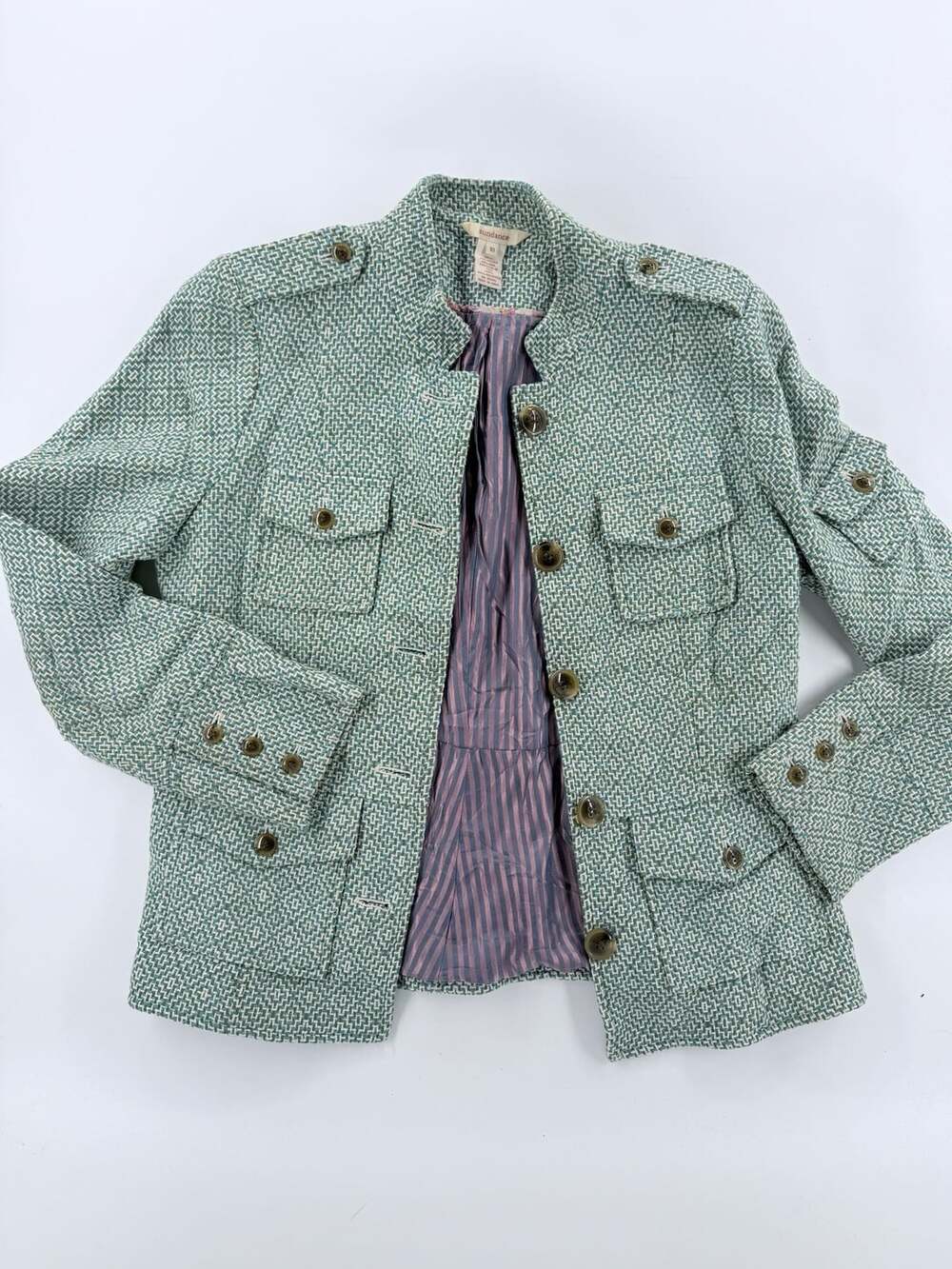 Sundance Tweed Utility Jacket Size 10 Green Wool Blend Button Cargo